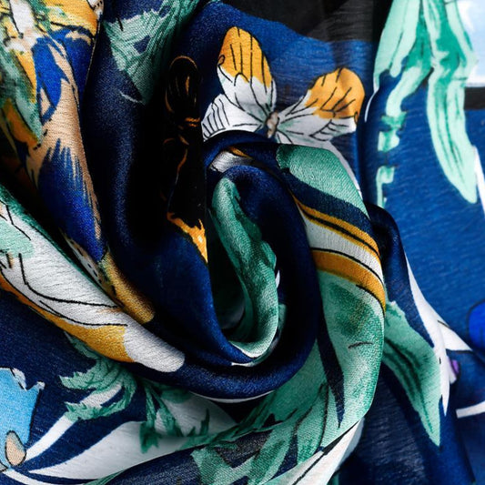 100% Real Silk Scarf-Shawl, 90 cm x 180 cm, Tropical Carnival Street Party Patterned, Multi Color