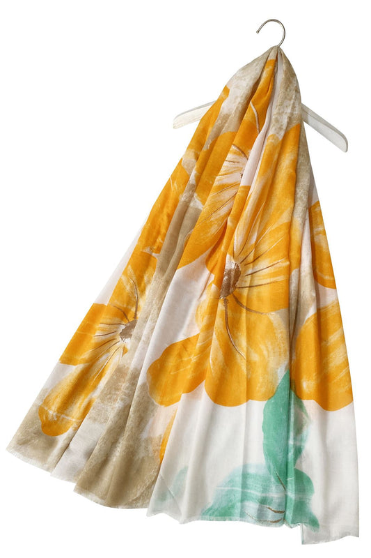 Cotton Scarf-Shawl, 85 cm x 180 cm, Large Painted Flower Patterned, Orange