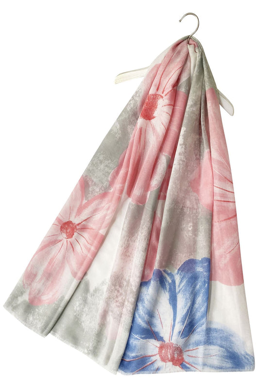 Cotton Scarf-Shawl, 85 cm x 180 cm, Large Painted Flower Patterned, Coral
