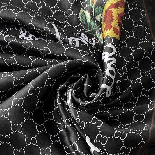 Silk Scarf-Shawl, 90 cm x 180 cm, Diamond Pearl With Fancy Text Border, Black