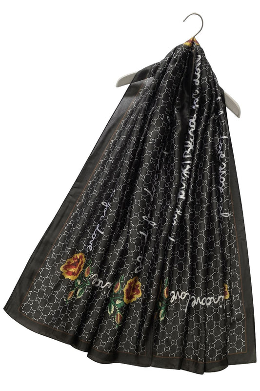 Silk Scarf-Shawl, 90 cm x 180 cm, Diamond Pearl With Fancy Text Border, Black
