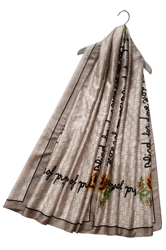 Silk Scarf-Shawl, 90 cm x 180 cm, Diamond Pearl  With Fancy Text Border, Beige