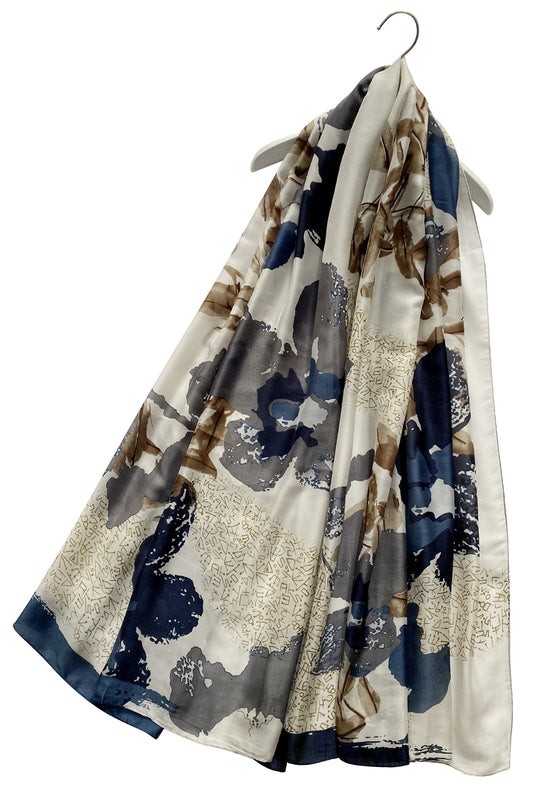 100% Real Silk Scarf-Shawl, 90 cm x 180 cm, Large Floral and Ancient Text Patterned, Navy and Brown