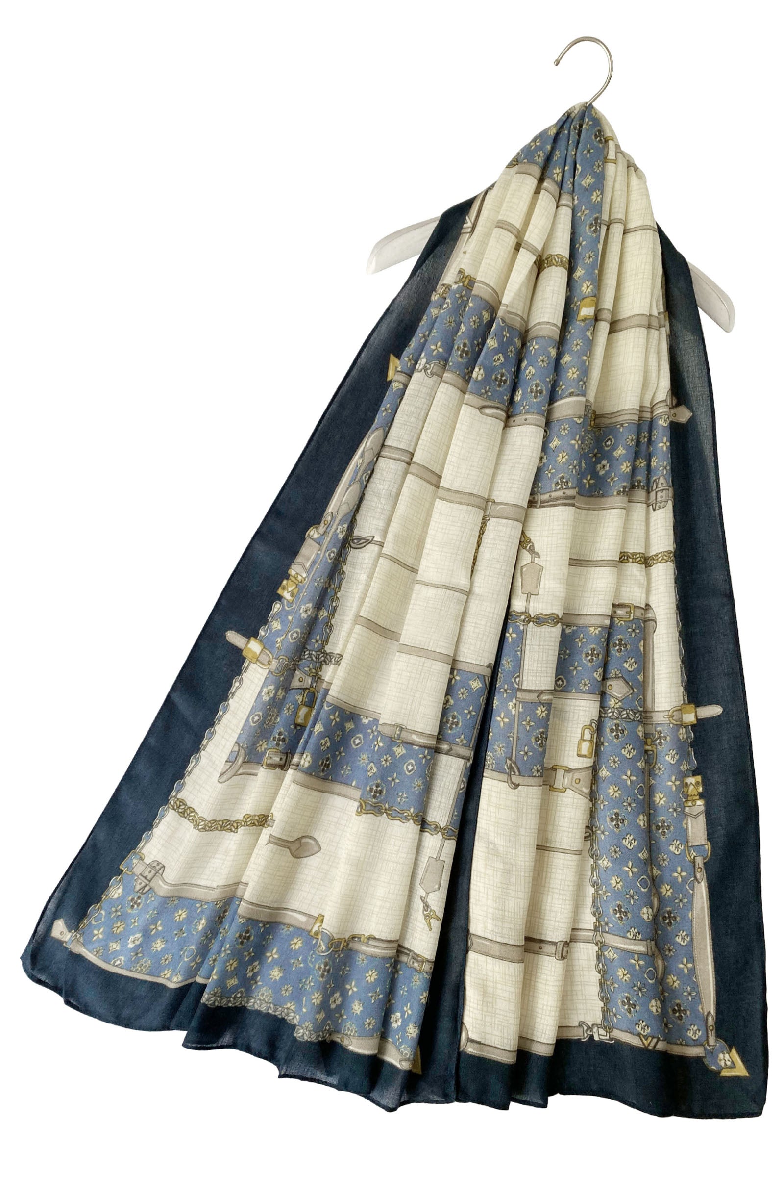Cotton Scarf-Shawl, 85 cm x 180 cm, Fashion Belt Buckle Patterned, Blue 2 