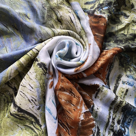 100% Real Silk Scarf-Shawl, 90 cm x 180 cm, Painted Farmhouse Scene Patterned, Green