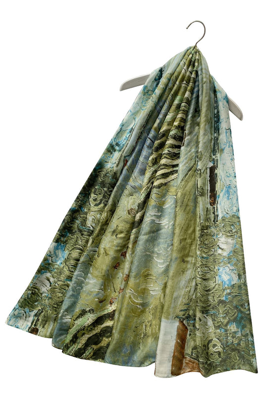 100% Real Silk Scarf-Shawl, 90 cm x 180 cm, Painted Farmhouse Scene Patterned, Green