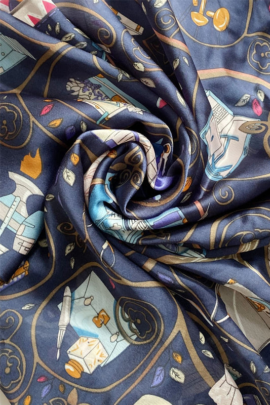 100% Real Silk Scarf-Shawl, 90 cm x 180 cm, Stylish Handbag Patterned, Navy