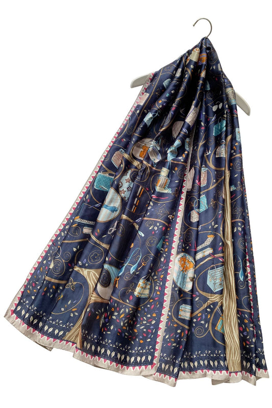 100% Real Silk Scarf-Shawl, 90 cm x 180 cm, Stylish Handbag Patterned, Navy