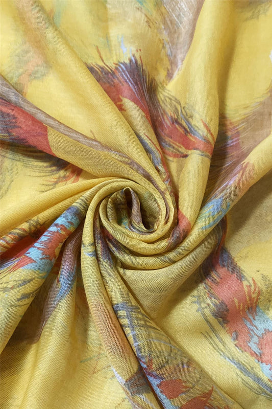 Floaty Feather Patterned Yellow Scarf-Shawl, 90 cm x 180 cm