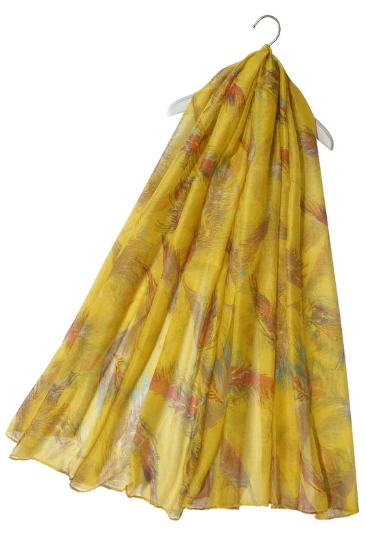 Floaty Feather Patterned Yellow Scarf-Shawl, 90 cm x 180 cm