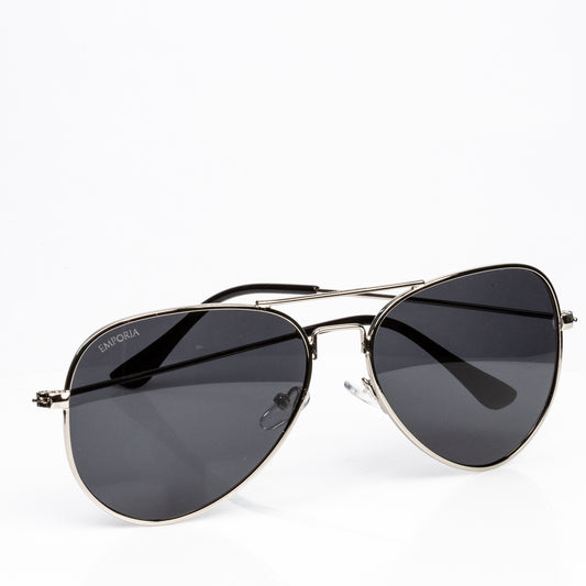 Emporia Italy - Pilot-Sonnenbrille "CHEF" polarisierte Sonnenbrille mit UV-FILTER mit Etui und Brillenputztuch, dunkelgraues Glas, silberfarbige Rahmen