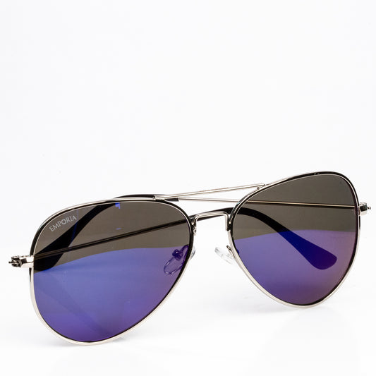 Emporia Italy - Pilot-Sonnenbrille "LAGUNE"  polarisierte Sonnenbrille mit UV-FILTER mit Etui und Brillenputztuch, blaulila Glas, silberfarbige Rahmen