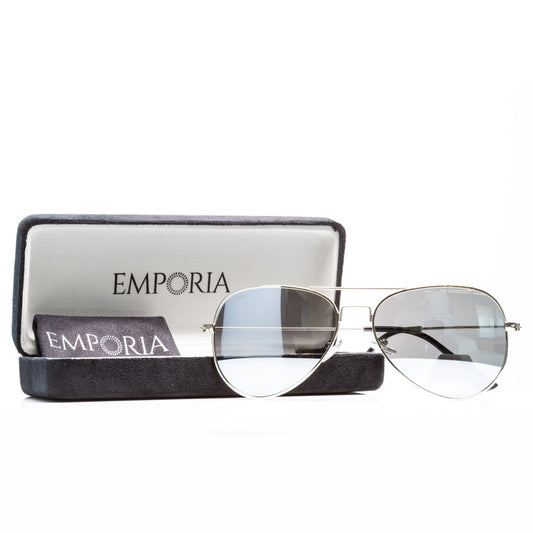 Emporia Italy - Pilot-Sonnenbrille "KRISTALL" polarisierte Sonnenbrille mit UV-FILTER mit Etui und Brillenputztuch, chromsilberfarbenes Glas, silberfarbiger Rahmen