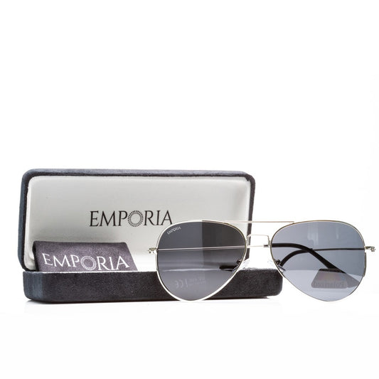 Emporia Italy - Pilot-Sonnenbrille "CHEF" polarisierte Sonnenbrille mit UV-FILTER mit Etui und Brillenputztuch, dunkelgraues Glas, silberfarbige Rahmen
