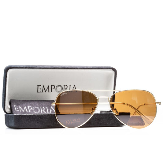 Emporia Italy - Pilot-Sonnenbrille "WÜSTE" polarisierte Sonnenbrille mit UV-FILTER mit Etui und Brillenputztuch, hellbraunes Glas, goldfarbiger Rahmen