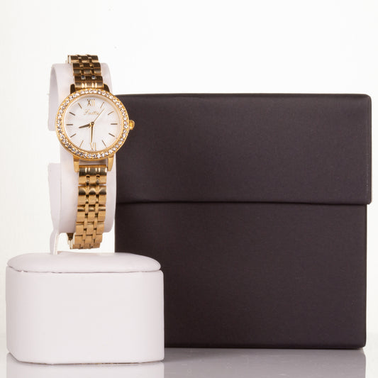Luxury alloy watch with stones, japanese miyota movement, WHITE colour dial + GOLD PLATED, with gift box, 18 cm