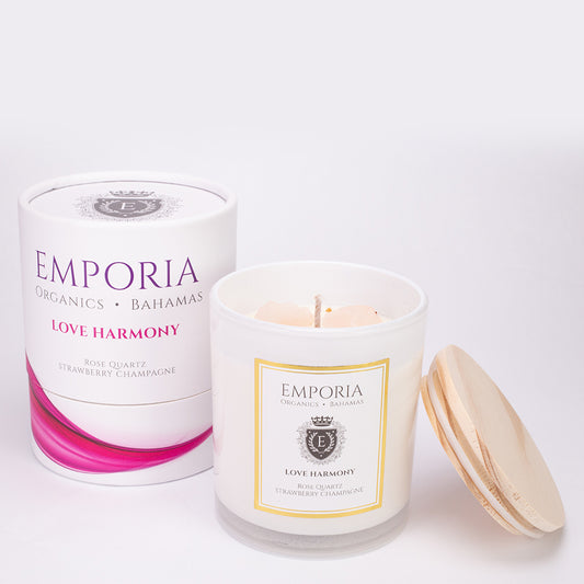 Emporia Organics Duftkerze im Glas: Bahamas - LOVE HARMONY, mit Rosenquarz, Duft: Erdbeere und Champagner, 100% Sojawachs, 230 g