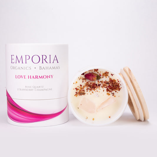 Emporia Organics Duftkerze im Glas: Bahamas - LOVE HARMONY, mit Rosenquarz, Duft: Erdbeere und Champagner, 100% Sojawachs, 230 g