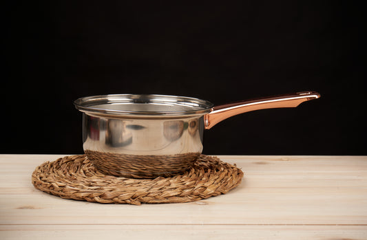 5-teiliges Kochgeschirrset aus rostfreiem Stahl und Glas, silber-rosegoldfarbig