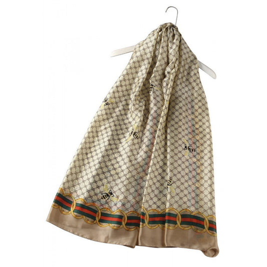 100% Real Silk Scarf-Shawl, Bright Folk Style Floral Frayed, Yellow