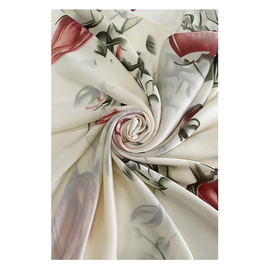 100% Seidenschal mit Rosenknospenmuster, cremefarbig, 90 x 180 cm