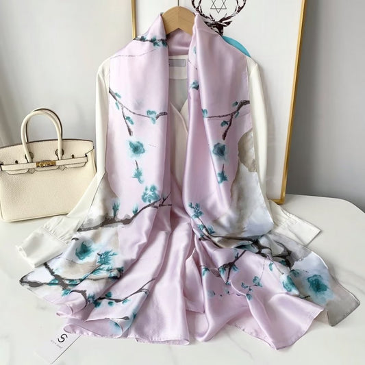 Seidenschal, 90 cm x 180 cm, Blühender Pflaumenbaumzweig, rosa, 100% Seide