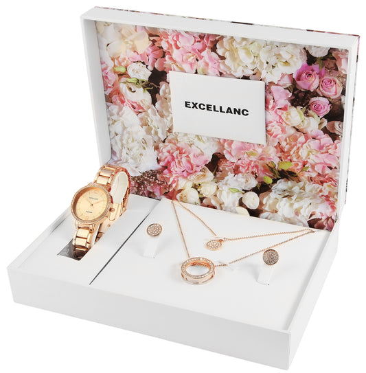 Excellanc Armbanduhrset: Damenarmbanduhr, Halskette und 1 Paar Ohrringe, rosegoldfarbig plattiert, mit ausgezeichnetem Quarzwerk  und rosegoldfarbenem Zifferblatt