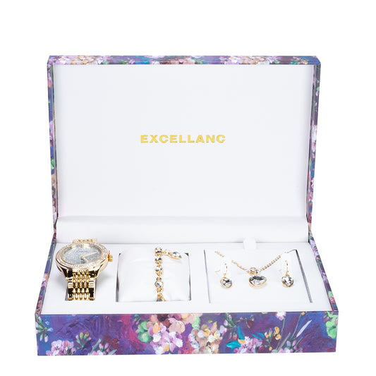 Excellanc women's gift set with wristwatch, bracelet, necklace and earrings; gold tone, with white Emporia crystals