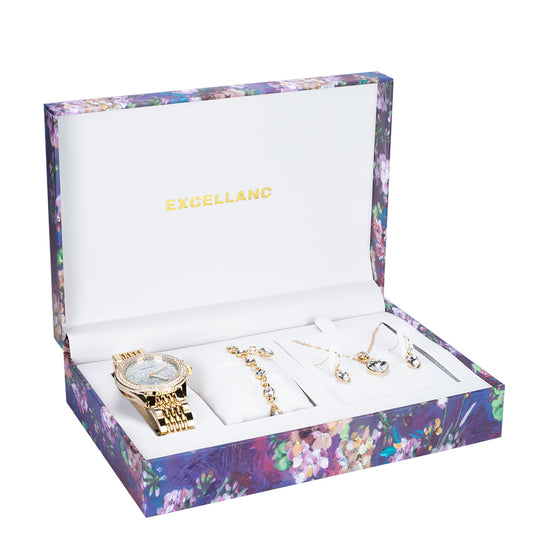 Excellanc women's gift set with wristwatch, bracelet, necklace and earrings; gold tone, with white Emporia crystals