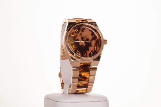 ROSE GOLD, woman alloy watch with tiger stripes, and roman numerals dial with Gift box, 19 cm
