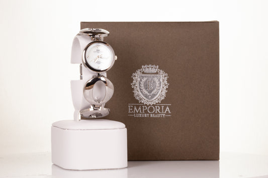 SILVER, woman alloy AW watch with endless symbol strap, and 4 quartz crystals with Gift box