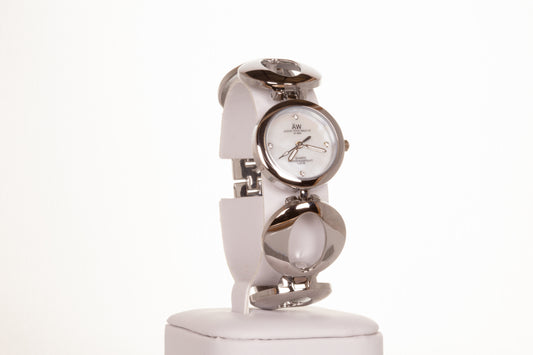SILVER, woman alloy AW watch with endless symbol strap, and 4 quartz crystals with Gift box