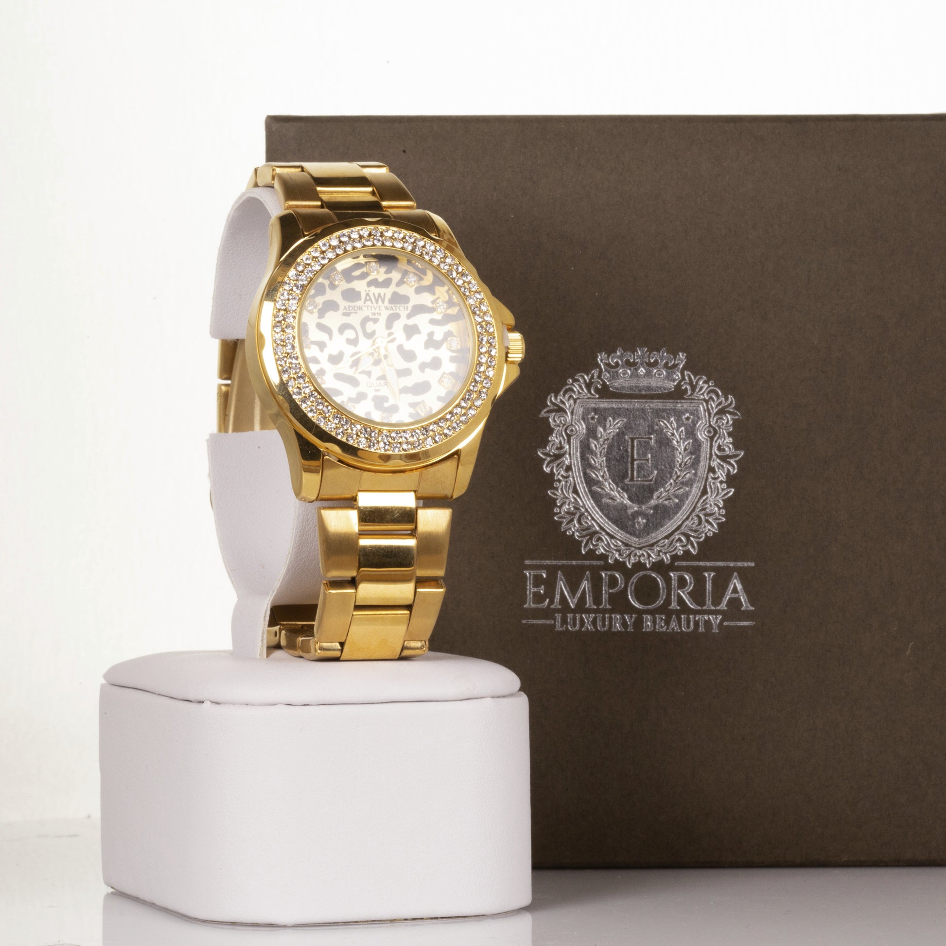 YELLOW GOLD, woman alloy AW watch with leopard dial, and quartz crystals with Gift box, 20 cm 1 