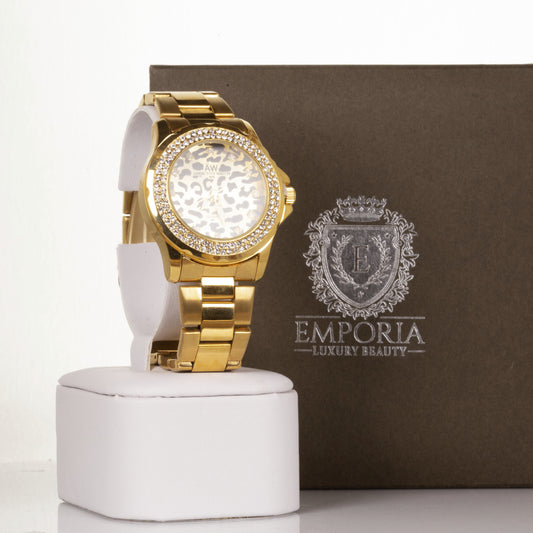 YELLOW GOLD, woman alloy AW watch with leopard dial, and quartz crystals with Gift box, 20 cm