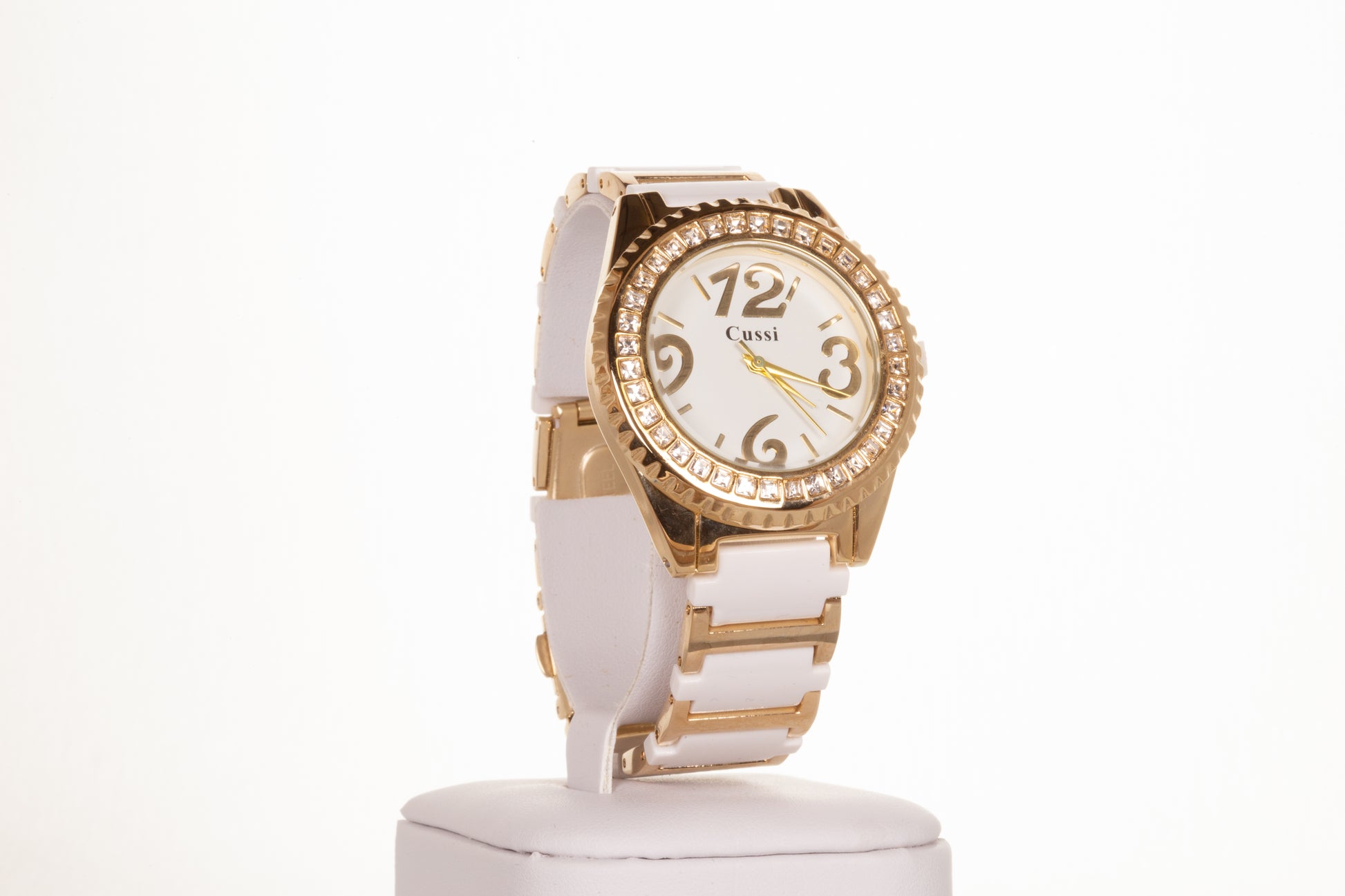 YELLOW GOLD and white strap woman alloy CUSSI watch with quartz crystals around the dial with Gift box 2 