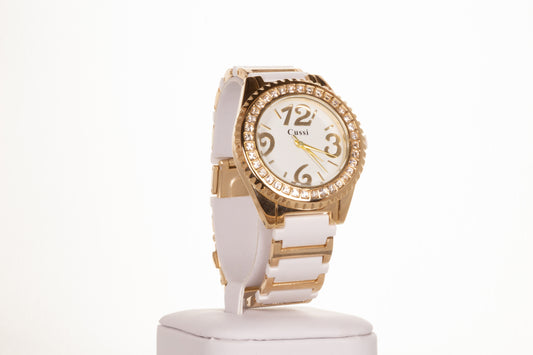 YELLOW GOLD and white strap woman alloy CUSSI watch with quartz crystals around the dial with Gift box