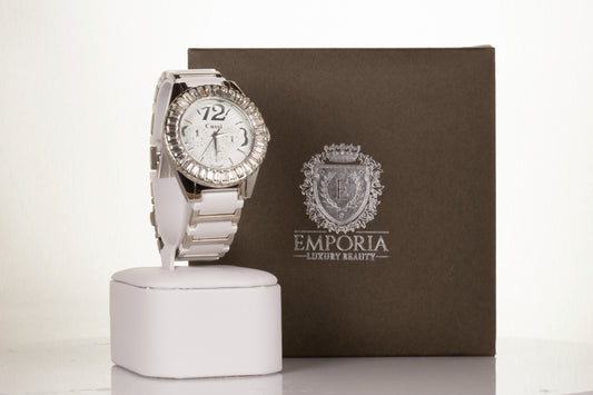 SILVER and white strap woman alloy CUSSI watch with quartz crystals around the dial with Gift box, 17 cm