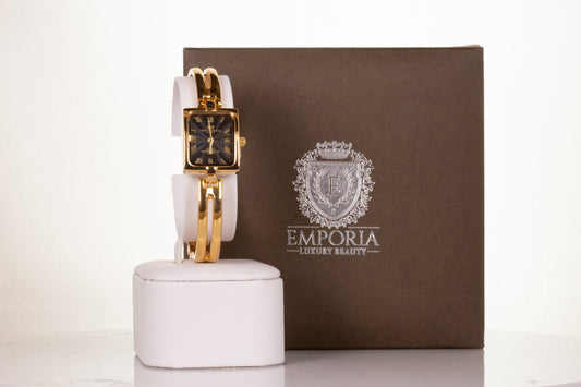 YELLOW GOLD woman alloy AW watch, with black dial, roman numbers with Gift box, 18 cm