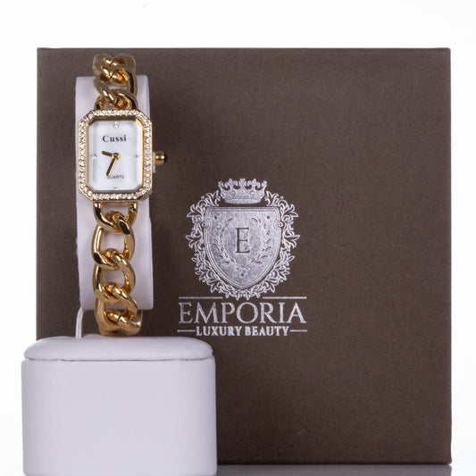 YELLOW GOLD, woman alloy CUSSI watch with quartz crystals + crystals around the dial, chain strap with Gift box, 19 cm
