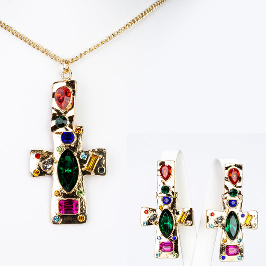 Schmuckgarnitur aus aus goldplattierter Legierung mit rotem Emporia®-Kristall und blauem Emporia®-Kristall