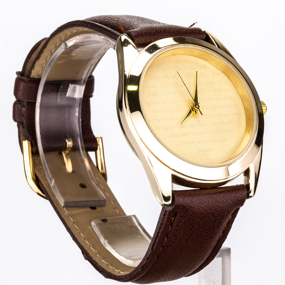 Armbanduhr mit braunem Armband und goldfarbenem Zifferblatt mit einem Gebet 2 