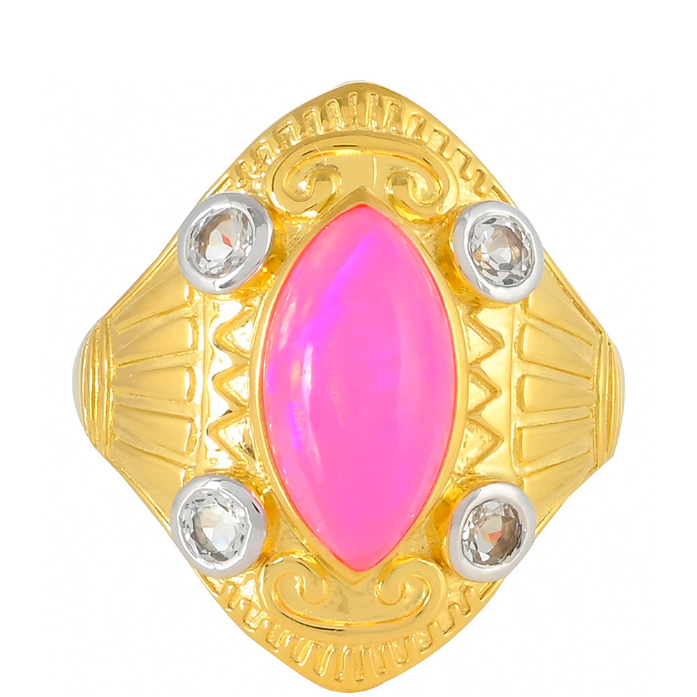 Goldplattierter Silberring mit äthiopischem neon pink Opal und weißem Topas 1 