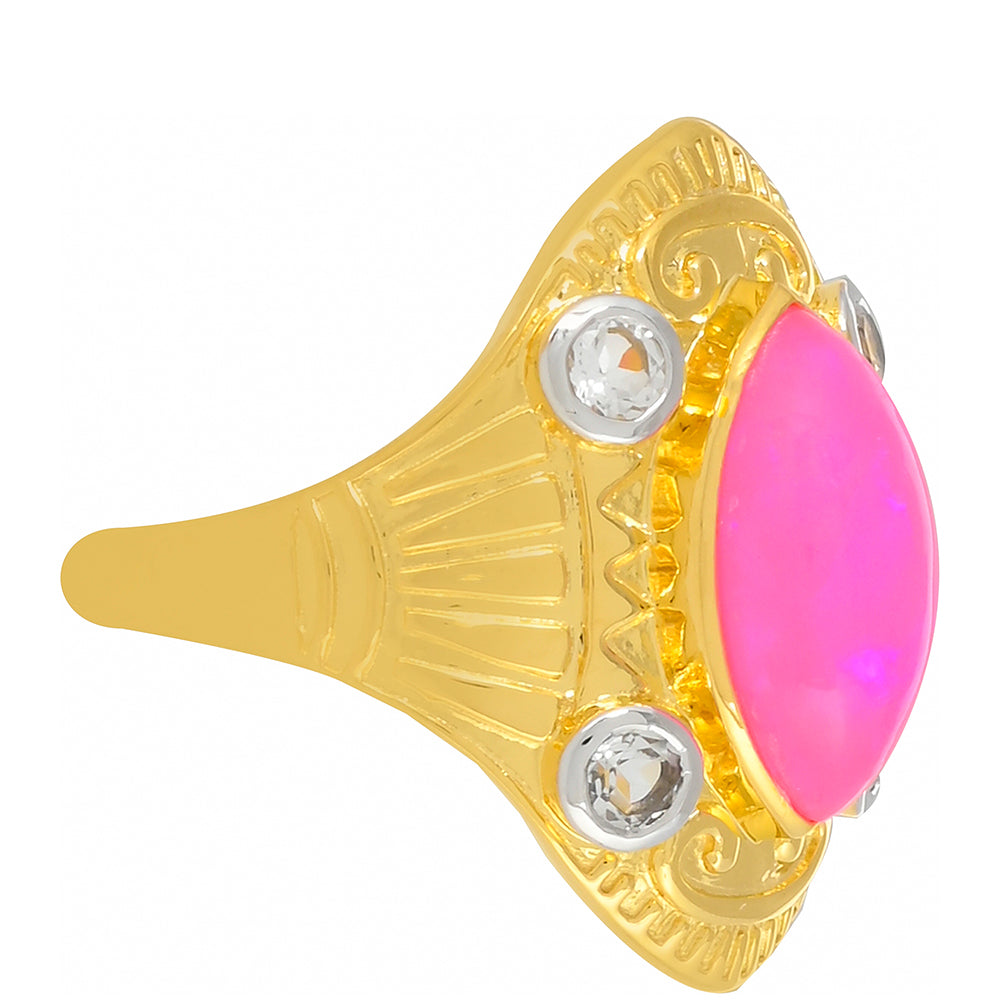 Goldplattierter Silberring mit äthiopischem neon pink Opal und weißem Topas