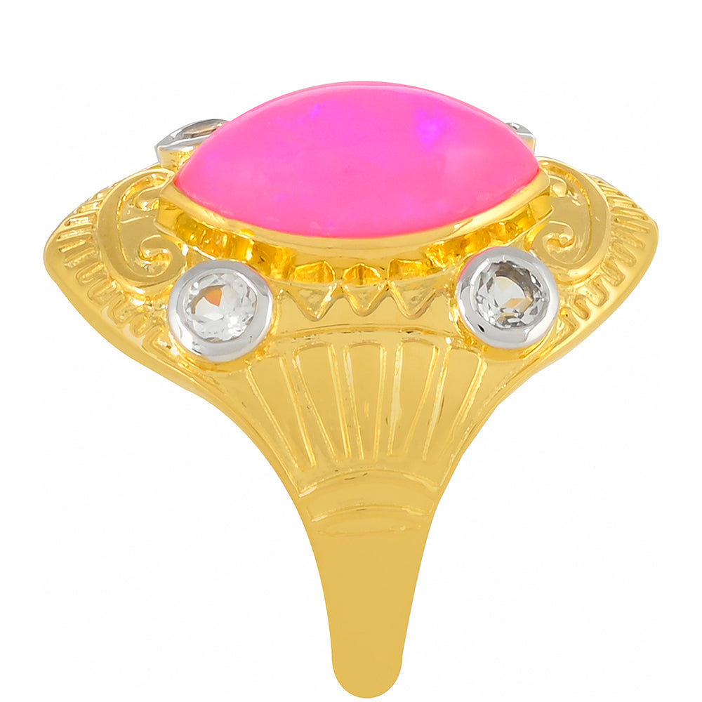 Goldplattierter Silberring mit äthiopischem neon pink Opal und weißem Topas