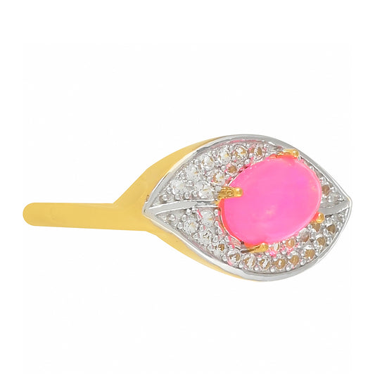 Goldplattierter Silberring mit äthiopischem neon pink Opal und weißem Topas