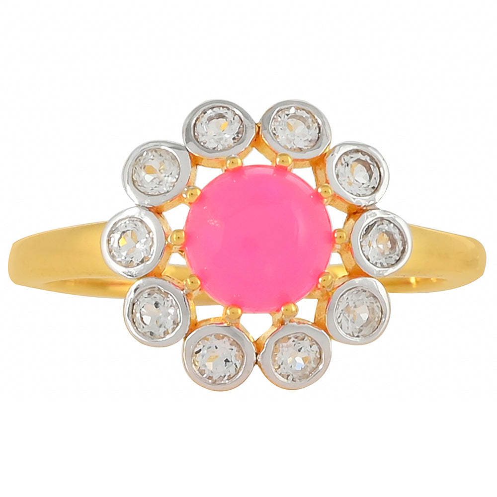 Goldplattierter Silberring mit äthiopischem neon pink Opal und weißem Topas 1 