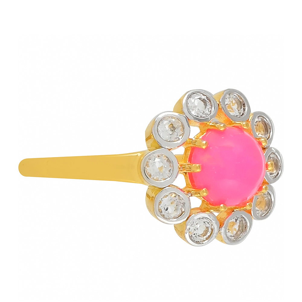 Goldplattierter Silberring mit äthiopischem neon pink Opal und weißem Topas 2 