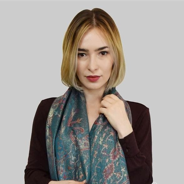 100% Pashmina Cashmere Scarf, 70 cm x 180 cm, Paisley Shiny Teal, 100% Pashmina Cashmere 5 