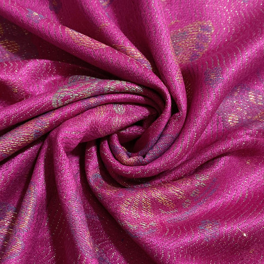 100% Pashmina Cashmere Scarf, 70 cm x 170 cm, Butterfly Patterned Shiny Fuchsia Pink, 100% Pashmina