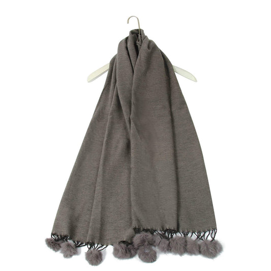 Scarf with Real Fur Pom Pom, 60 cm x 170 cm, Grey, 100% Viscose, Real Fur Pom Pom